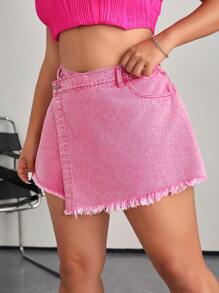 SHEIN EZwear Plus Size Denim Shorts, Casual Loose Fit Skirt Shorts, Pink Color, Made Of 100% Cotton - Pink - View 6