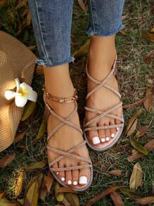 Flat Heeled Round Toe Metallic Sandals With Rhinestone Detailing, Elastic Ankle Strap, Roman Style For Women Valentines