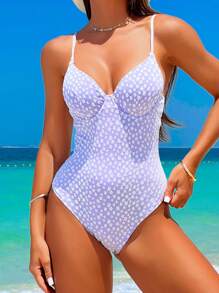 SHEIN Swim Floral Printed Special Fabric One-Piece Swimsuit With Spaghetti Straps And Underwire, Perfect For Pool Wear, Summer Beach - Mauve Purple - View 2