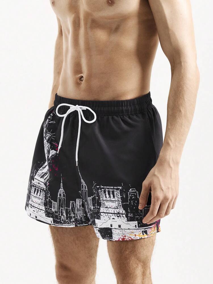 Men's Statue Of Liberty Printed Drawstring Waist Loose Beach Shorts