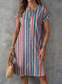 EMERY ROSE Vestido de mujer con cuello en V y rayas de colores con botones en la parte delantera para las vacaciones de verano