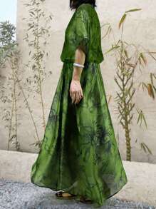 Women's Vintage Loose Short Sleeve Long  Printed Chiffon Dress