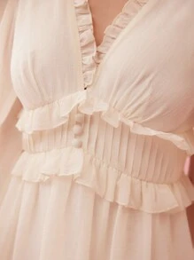 Enchnt Solid Colored Textured Dress With Ruffle And Lantern Sleeves Detail