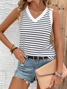 SHEIN LUNE Women's Sleeveless Minimalist Striped Everyday Tank Top, Black & White