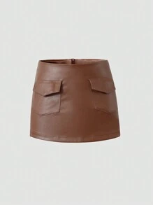Chiquease PU Leather Solid Color Skirt Shorts With Pockets - Brown - View 1