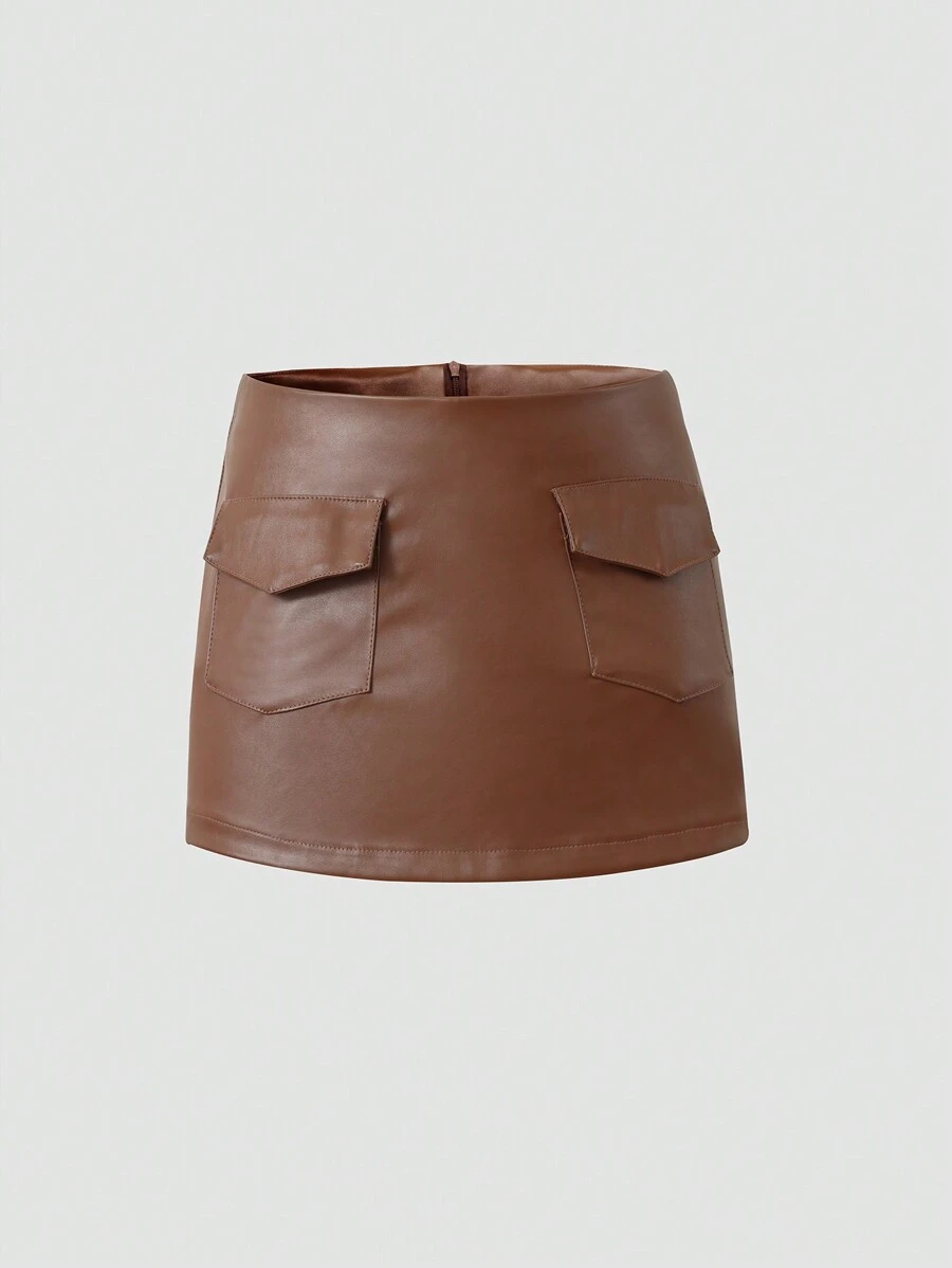 Chiquease PU Leather Solid Color Skirt Shorts With Pockets - Brown - View 1