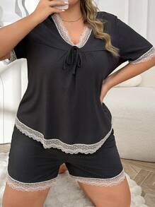 Plus Size Women's Lace Patchwork Knitted Homewear Set - Dark Grey - View 4