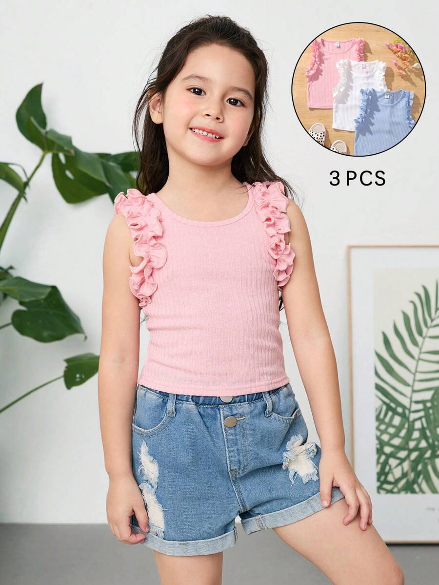 SHEIN Young Girl Knitted Solid Color Sleeveless Top With Ruffle Hem, Three-Piece Set - Multicolor - View 1