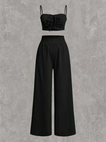 SHEIN EZwear Women's Plus Size Drawstring Front Tank Top And Wide Leg Pants Set, Solid Color, With Paper Bag Waist