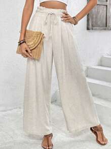 SHEIN Frenchy Women's Linen Pants Old Money Style Texture Wide Leg Pants Winter Casual - Apricot - View 8
