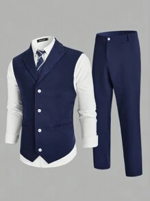 Manfinity Mode Conjunto de chaqueta de traje y pantalones de talla grande para hombres de una sola hilera - Azul Marino - Ver 1