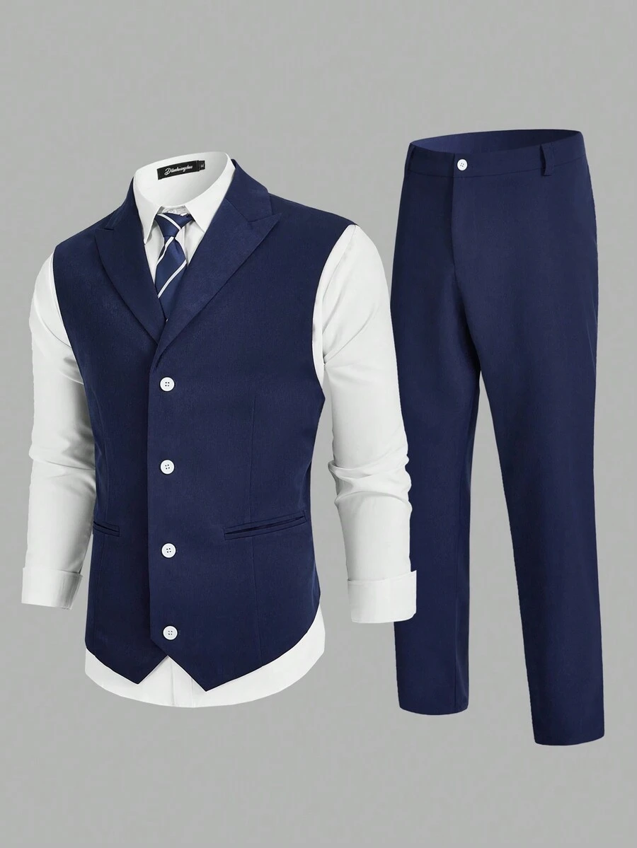 Manfinity Mode Conjunto de chaqueta de traje y pantalones de talla grande para hombres de una sola hilera - Azul Marino - Ver 1