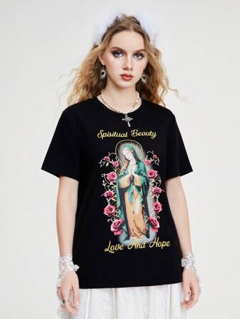 Camiseta casual de manga corta para mujer con estampado floral de la Virgen María y cuello redondo para verano