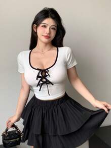 Camiseta de manga corta de verano con ajuste ceñido, decoración de moño y cuello redondo, tops lindos para mujer - Blanco - Ver 6