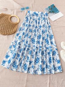 Soleia Leisure Vacation Rural Floral Printed Skirt - Blue - View 1