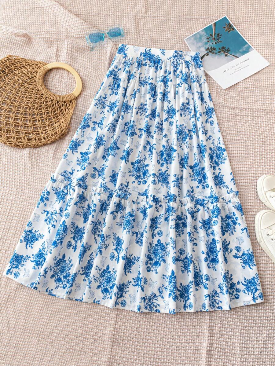 Soleia Leisure Vacation Rural Floral Printed Skirt - Blue - View 1