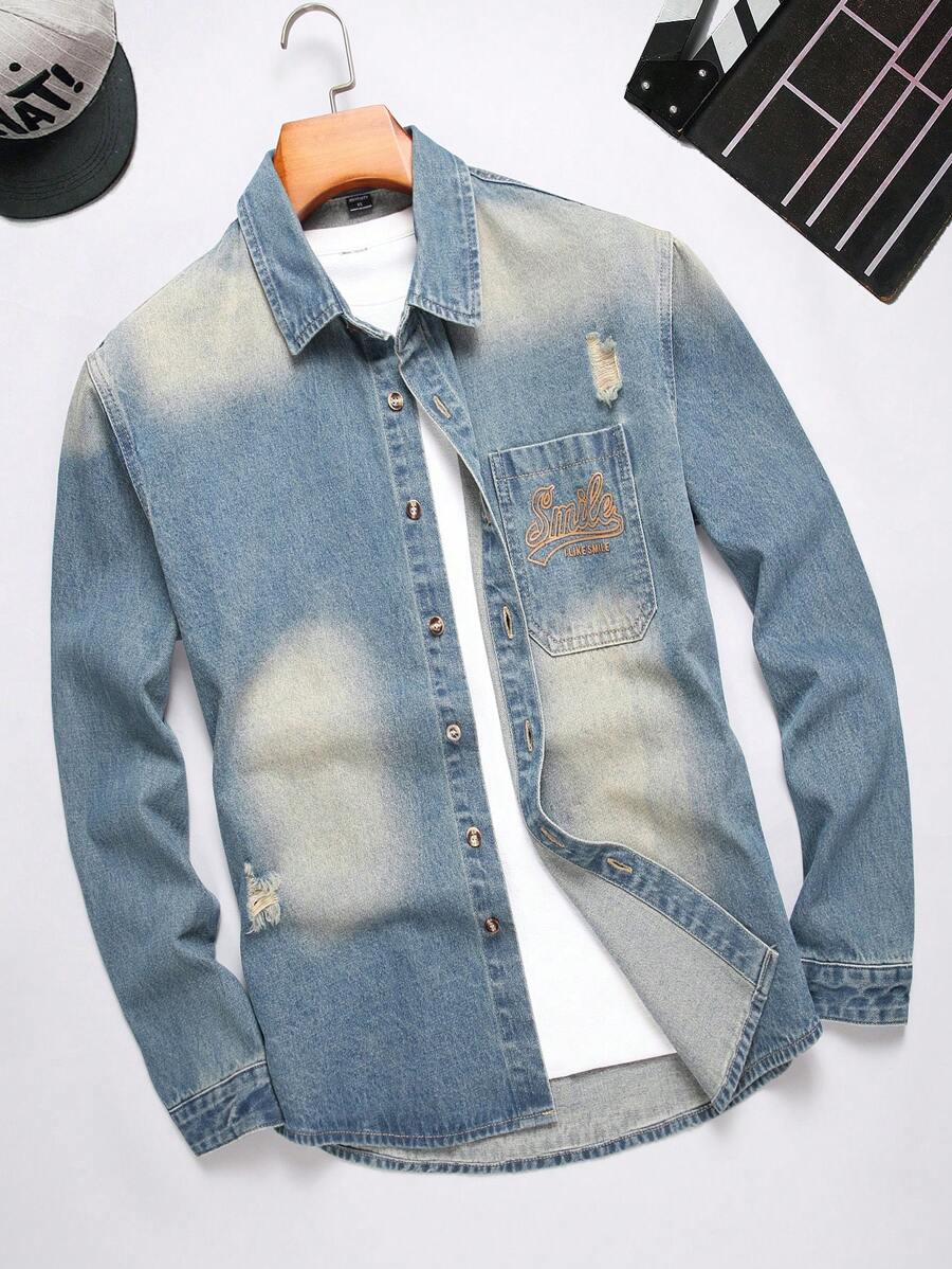 Manfinity Homme Men's Simple Printed Denim Shirt For Daily Wear - Medium Wash - View 1