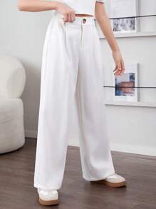 SHEIN Serisse Kids Tween Girl Loose Wide Leg Pants With Elastic Waistband - White - View 4