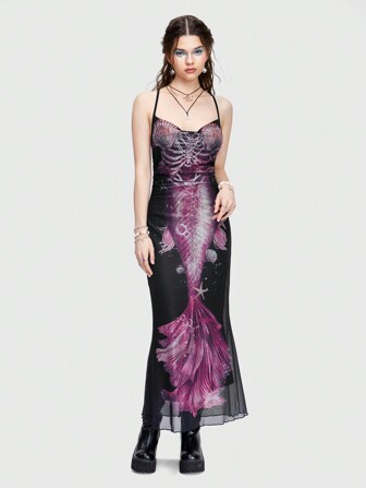 Fairycore Women's Mermaid Print Bodycon Fishtail Dress