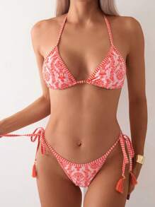 Swim Vcay Bộ đồ bơi bikini cổ yếm in hình bãi biển mùa hè dành cho nữ - Hồng - Xem 3