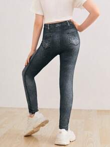 SHEIN 女大童牛仔效果印花緊身打底褲 - 深灰色 - 查看 2