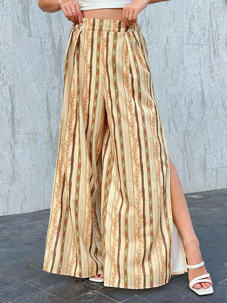 Women's Fashion Striped Printed Split Hem Long Pants