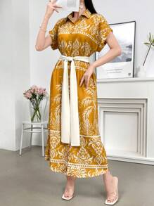 Seusyu 女士短袖假日風格連衣裙，椰樹印花設計 - 黃色 - 查看 5