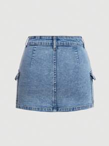 SHEIN MOD Váy Denim Màu Trơn Cho Nữ Có Túi Và Nút, Mùa Hè - Rửa trung bình - Xem 2