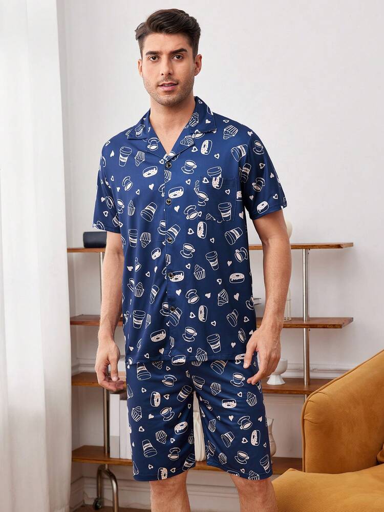 Men Random Food Printed Short Sleeve Shirt And Shorts Homewear Set