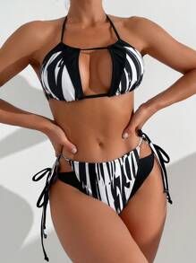 SHEIN Swim 女士时尚吊带比基尼套装，随机印花，夏季海滩 - 彩色 - 查看 4