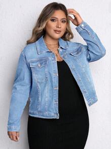 EMERY ROSE Plus Size Elastic Single-Breasted Denim Jacket With Pocket Design For Daily Wear, Long Sleeve Elegant Boho Spring Festival Elegant - Light Wash - View 6