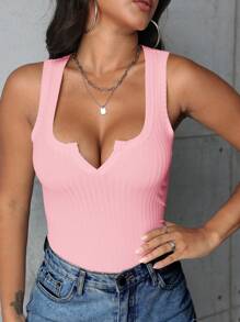 INAWLY Women's Summer Solid Color Notched Neck Tank Top - Pink - View 5