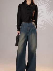 24個春季優雅的立領長袖襯衫，帶有點綴下擺設計 - 黑色 - 查看 4