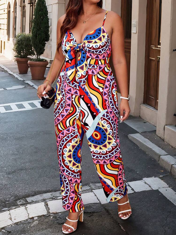 Plus-Size Women Front Tie Geometric Print Jumpsuit With Spaghetti Straps, Perfect For Vacation, Random Color