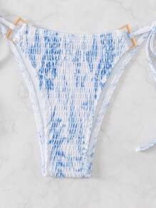 SHEIN Swim Bộ bikini cổ yếm in hoa cho nữ, Bộ bikini đi nghỉ có in hình ngẫu nhiên, Bãi biển mùa hè - Xanh và trắng - Xem 5