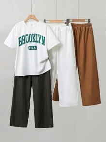 Tween Boy Multi-Color 3pcs/Set Casual Solid Color Slant Pocket Wide Leg Woven Pants For Holiday, Korean Style - Multicolor - View 3