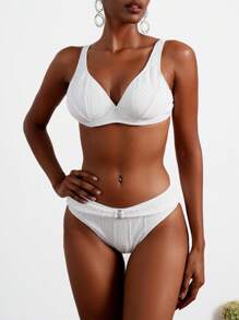 SHEIN Swim Summer Ladies Vacation Plain Textured Bikini Set With Underwire