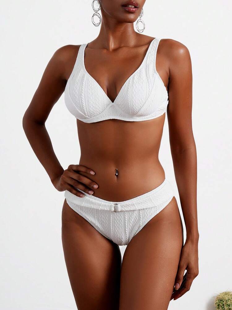 Summer Ladies Vacation Plain Textured Bikini Set With Underwire