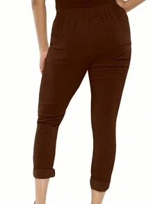 Plus Size Women Casual 3/4 Solid Color Drawstring Pocket Pants - Brown - View 3