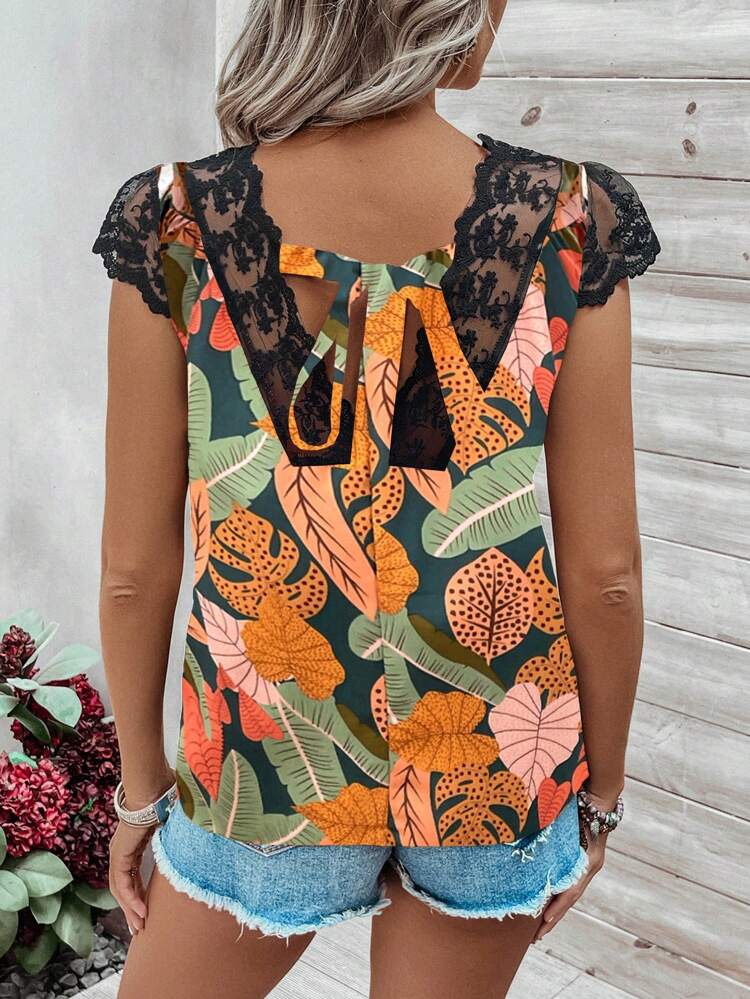 Women's All-Over Print V-Neck Back Tie Lace Panel Cap Sleeve Blouse For Summer