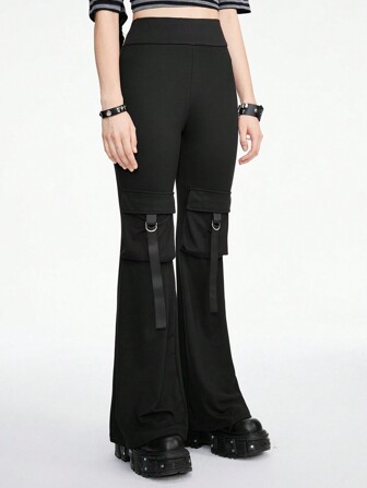 Grunge Punk Jeans a zampa di campana aderenti in maglia, decorati con fibbia in metallo e tasche tridimensionali di stile punk rock luminoso