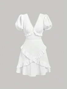 SHEIN MOD White Short Bodycon Dress With Puff Sleeves, V-Neckline And Ruffle Trim, For Spring And Summer - White - View 1