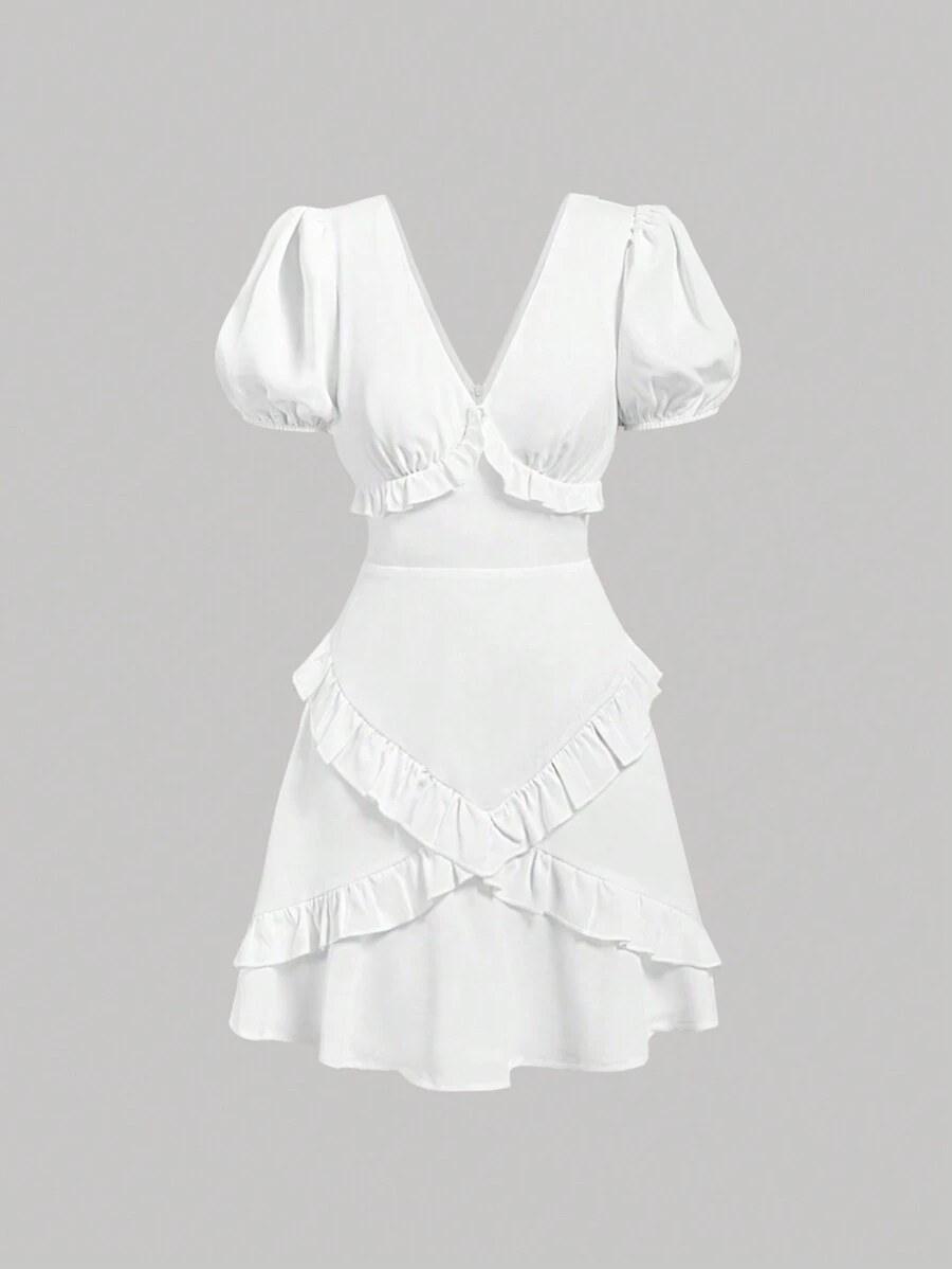 SHEIN MOD White Short Bodycon Dress With Puff Sleeves, V-Neckline And Ruffle Trim, For Spring And Summer - White - View 1