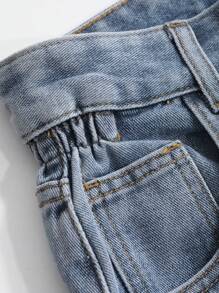 DAZY Folded Hem High Waisted Wide Leg Women's Denim Shorts With Pockets And Button Closure - Blue - View 7