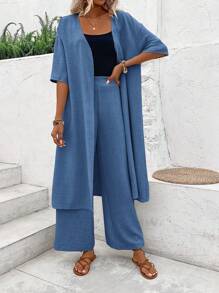 Breezaya Abrigo y pantalón largos de unicolor para mujer, conjunto de 2 piezas para atuendo casual de verano en vacaciones - Azul - Ver 6
