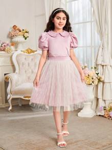 SHEIN Tween Girl Beaded Stand Collar Sheer Sleeve Shirt & 3D Floral Print Skirt Set - Apricot - View 5