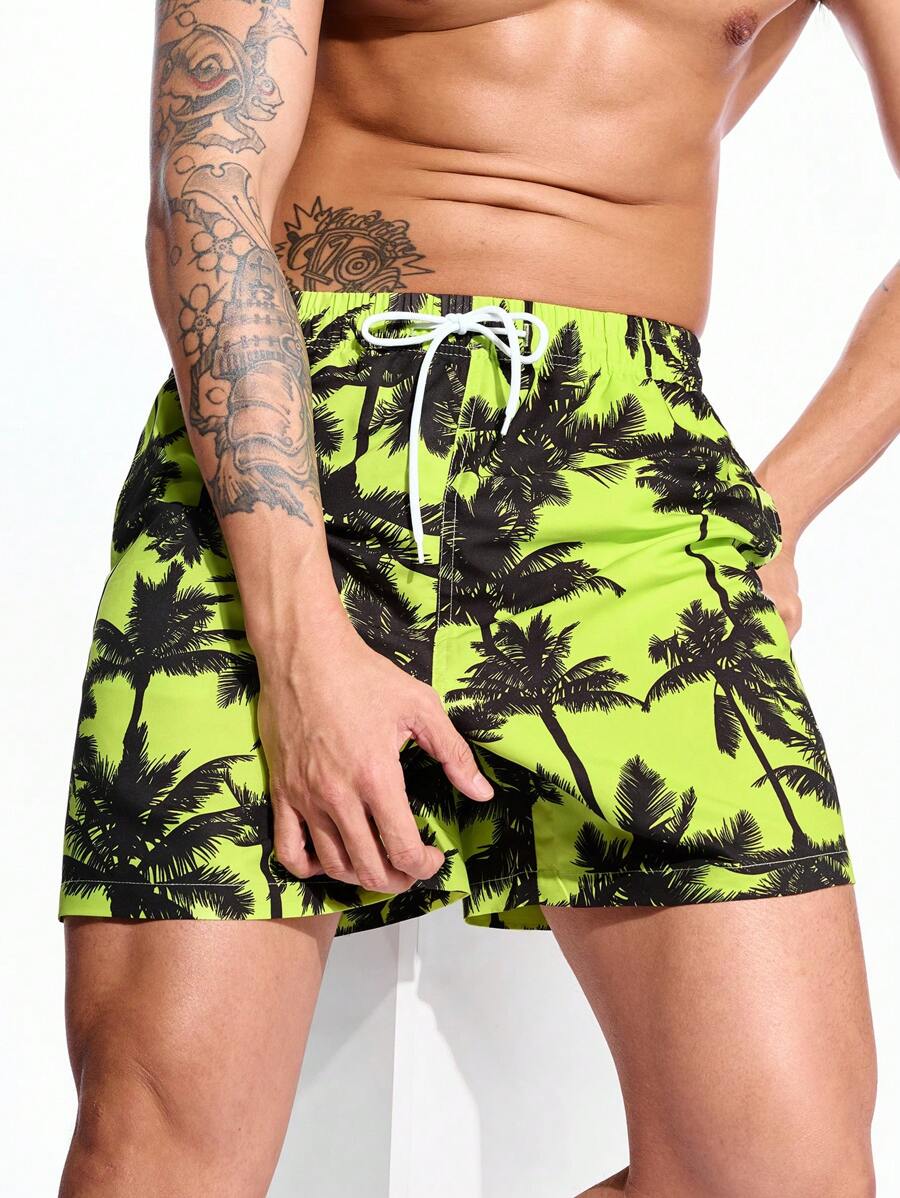 ZELFYO Men's Coconut Tree Printed Drawstring Casual Beach Shorts (Random Cutting Print) For Summer Holiday - Multicolor - View 1