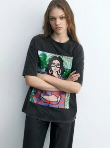 Maija Camiseta casual de cuello redondo de manga corta con gráfico de planta tropical y retrato para mujeres, conjunto de regreso a la escuela, verano