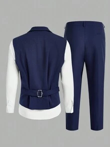 Manfinity Mode Conjunto de chaqueta de traje y pantalones de talla grande para hombres de una sola hilera - Azul Marino - Ver 2