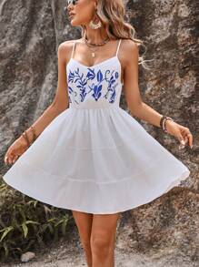 Breezaya Ladies' Embroidered Knit Cami Dress, Summer Daily Vacation - White - View 3